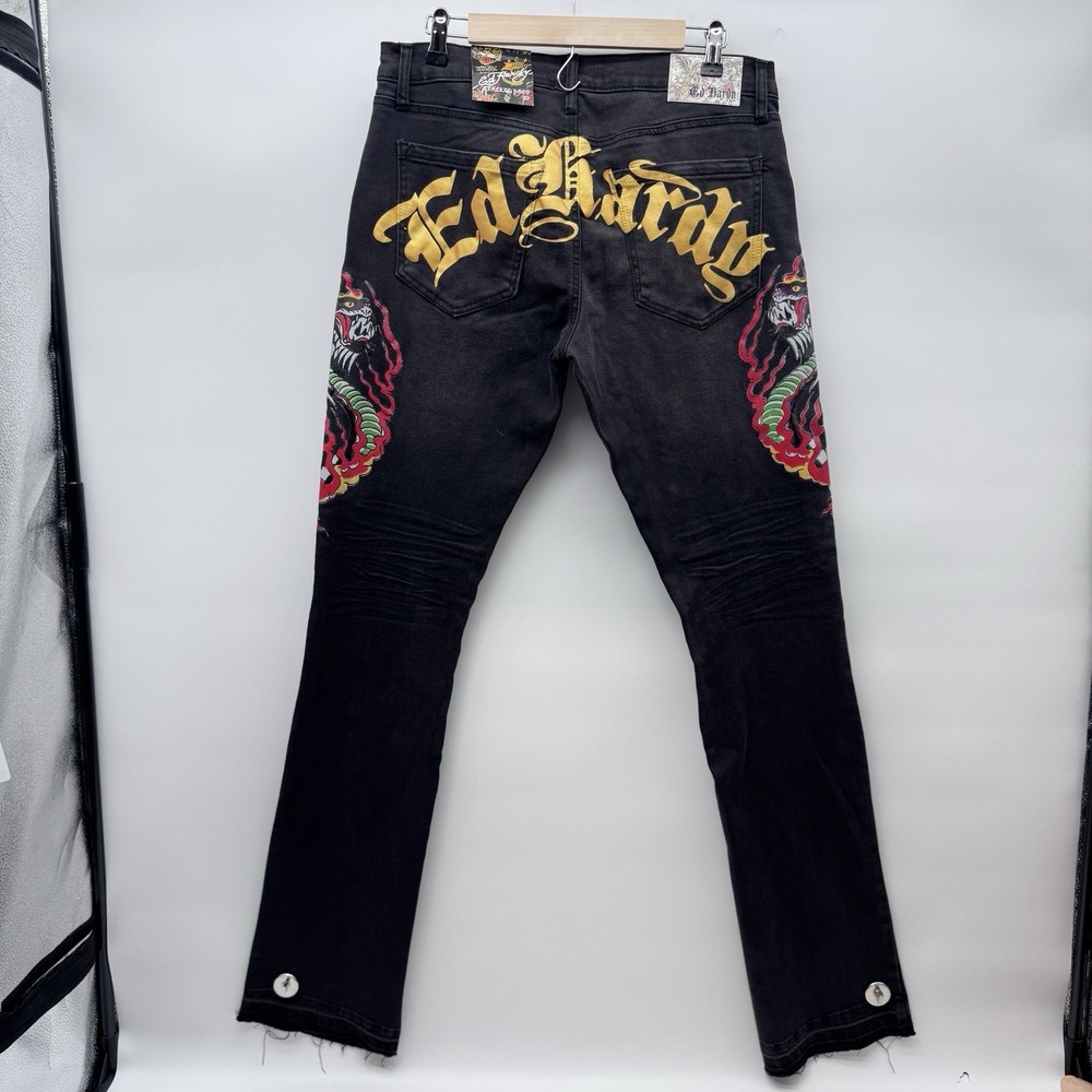 Ed Hardy Men's Bootcut Black Denim Jeans Embroidered Dragon Logo 5-Pocket sz 32